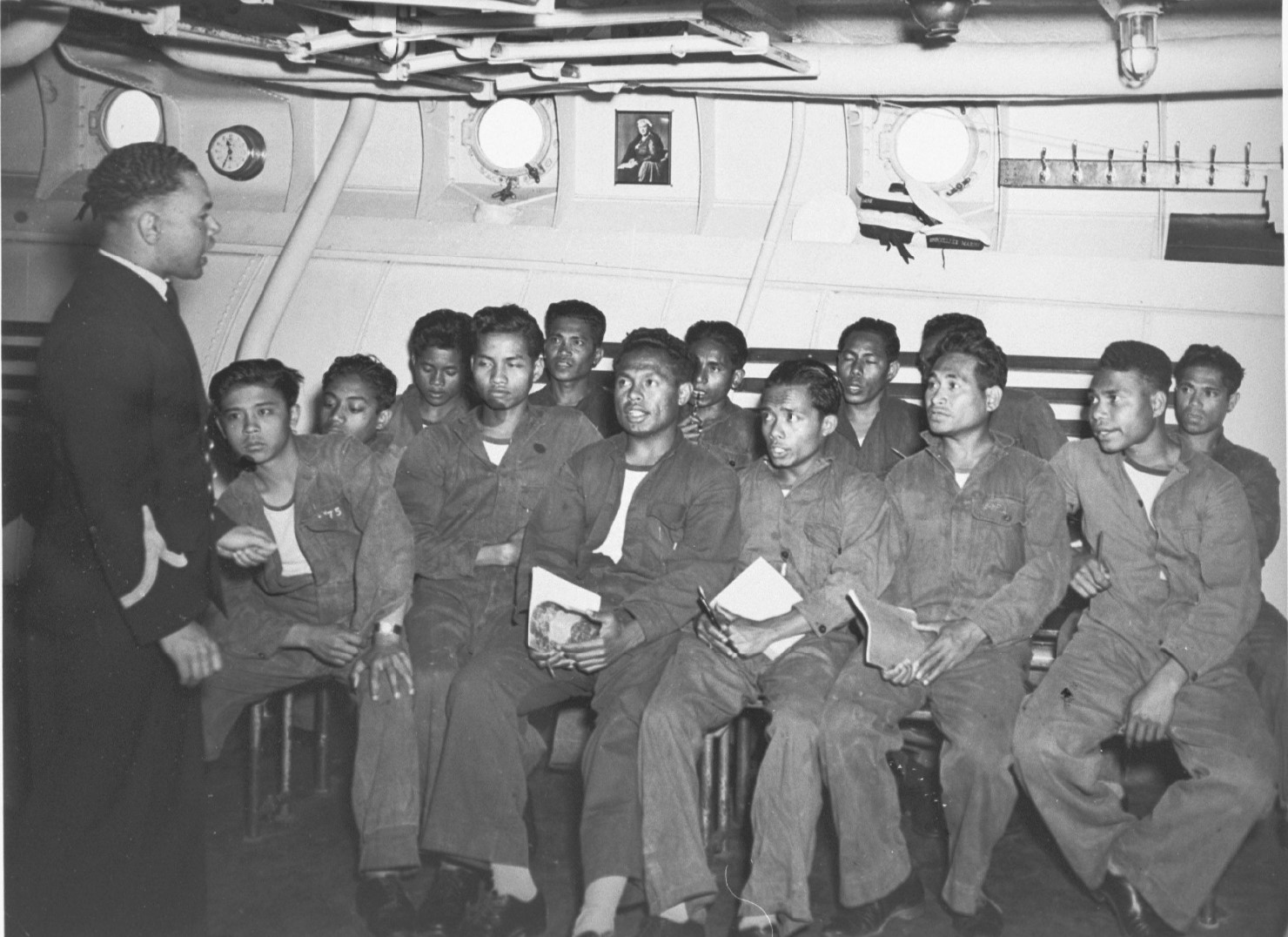 Fig 10 recruits learning Dutch from petty officer on Crijnssen March 1945