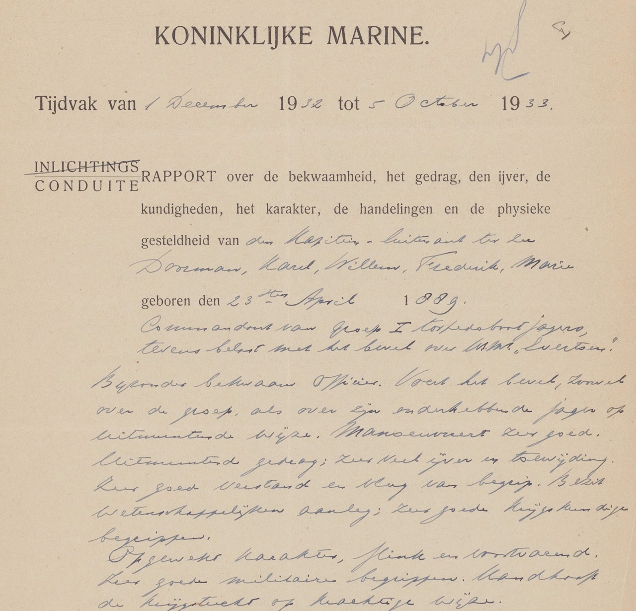 Afb. 2. Deel van het Conduite rapport van Doorman opgesteld door de eskadercommandant M.H. van Dulm. groot
