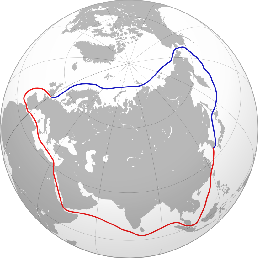The Northeast Passage (blue) and an alternative route through the Suez Canal (red) (photo: Wikipedia)