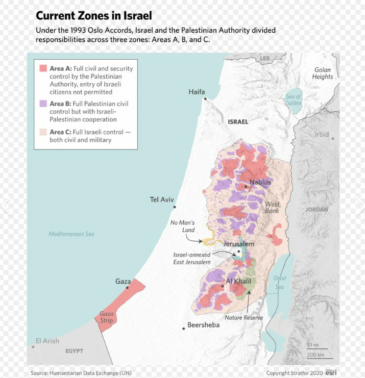 Zones naar aanleiding van de Oslo-akkoorden (bron: Humanitarian Data Exchange UN, copyright Statfor 2020)