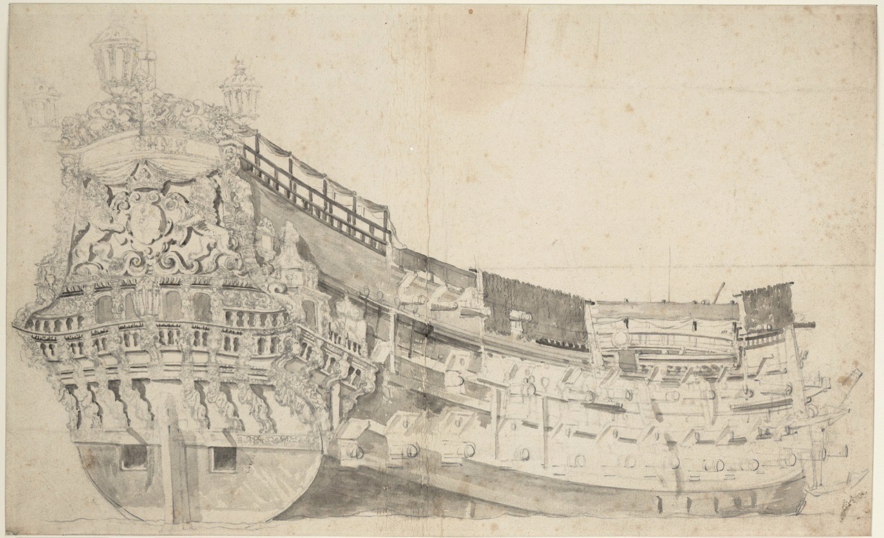 De&nbsp;Brederode. Penseel in grijs en potlood door Willem van de Velde de Oude (Collectie National Maritime Museum Greenwich)