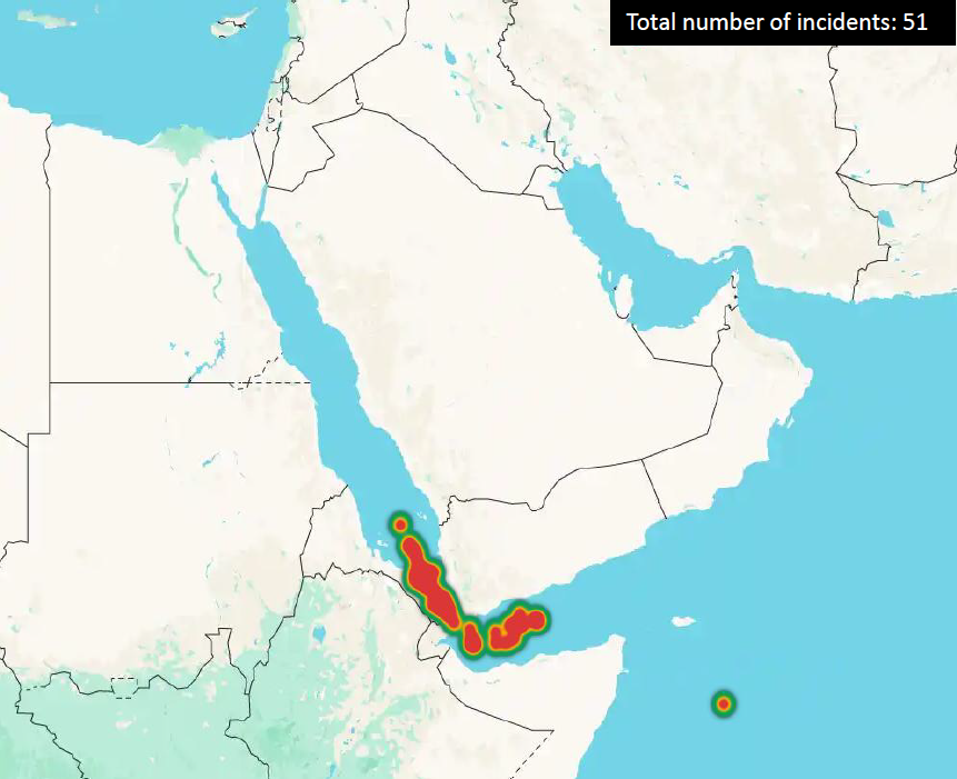 Heatmap of Houthi-related maritime attacks between from 2023 to 2026 (source: monthly report JIMC | December 2025)