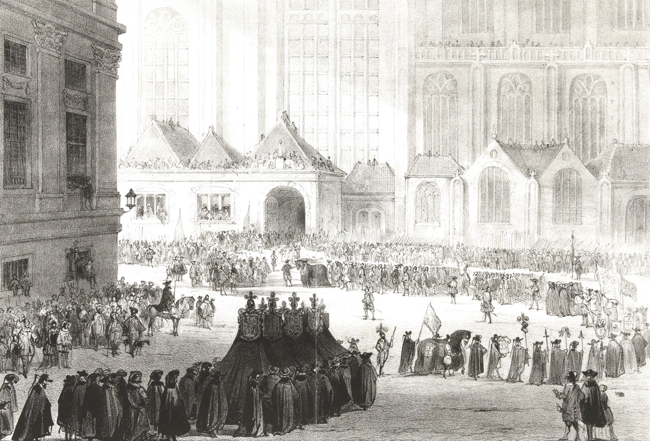 De begrafenisstoet komt tot stilstand op de Dam. Lithografie door Carel Christiaan Anthony Last. Uit: Het leven van Michiel Adriaensz. de Ruyter door J.J. Belinfante (Den Haag, 1844-1848)