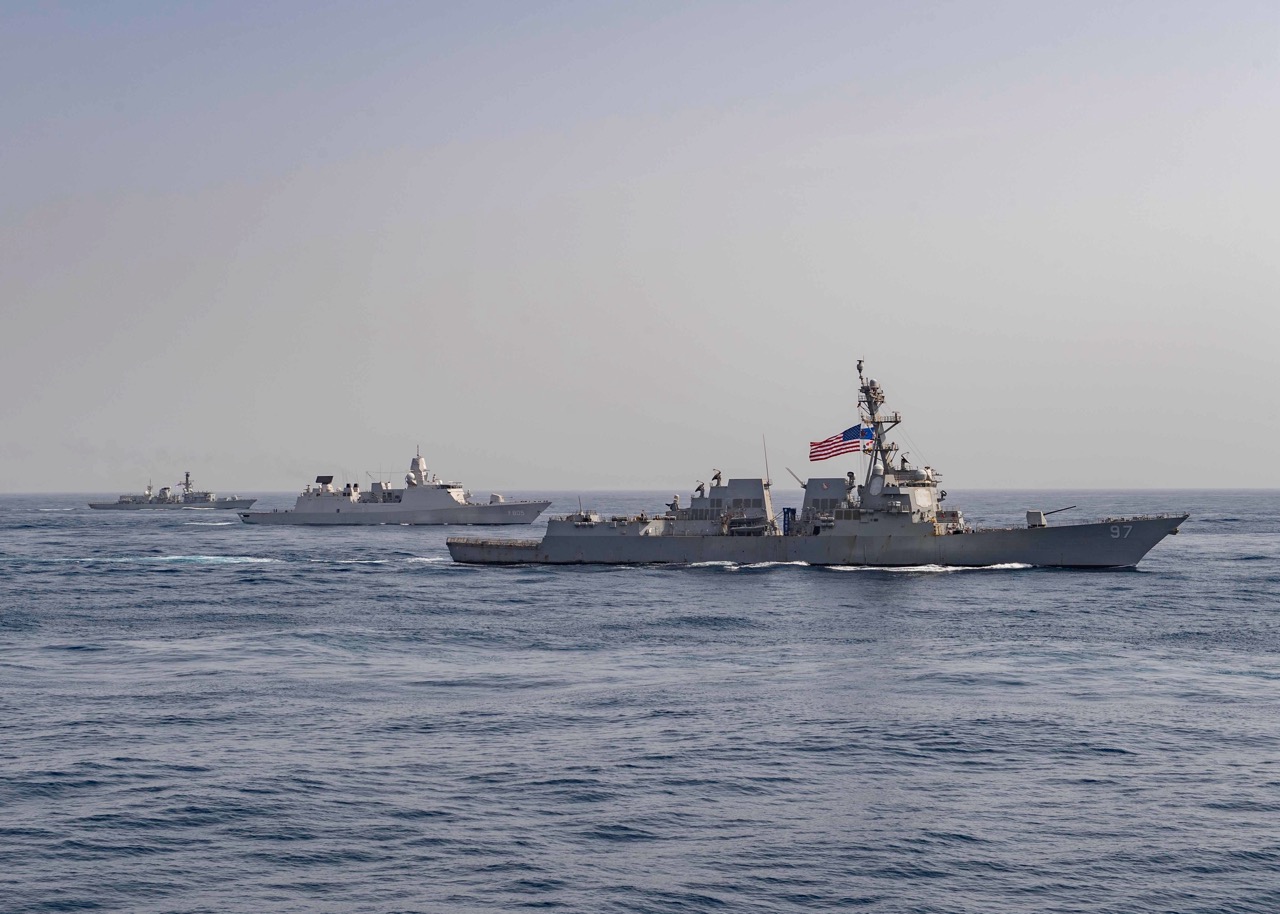 GULF OF ADEN (July 12, 2021) The Royal navy frigate HMS Richmond (F239), left, the Royal Netherlands navy frigate HNLMS Evertsen (F805) and the Arleigh Burke-class guided-missile destroyer USS Halsey (DDG 97) transit the Gulf of Aden during a photo exercise, July 12, 2021. USS The Sullivans is currently attached to United Kingdom's Carrier Strike Group, which is operating in 7th Fleet supporting mutual shared prosperity and a free and open Indo-Pacific. (U.S. Navy photo by Mass Communication Specialist 3rd Class Janiel Adames)