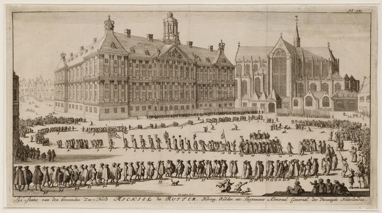 Begrafenisstoet van Michiel de Ruyter op 18 maart 1677, (Stadsarchief Amsterdam, Collectie tekeningen en prenten, nr. 010097003122)